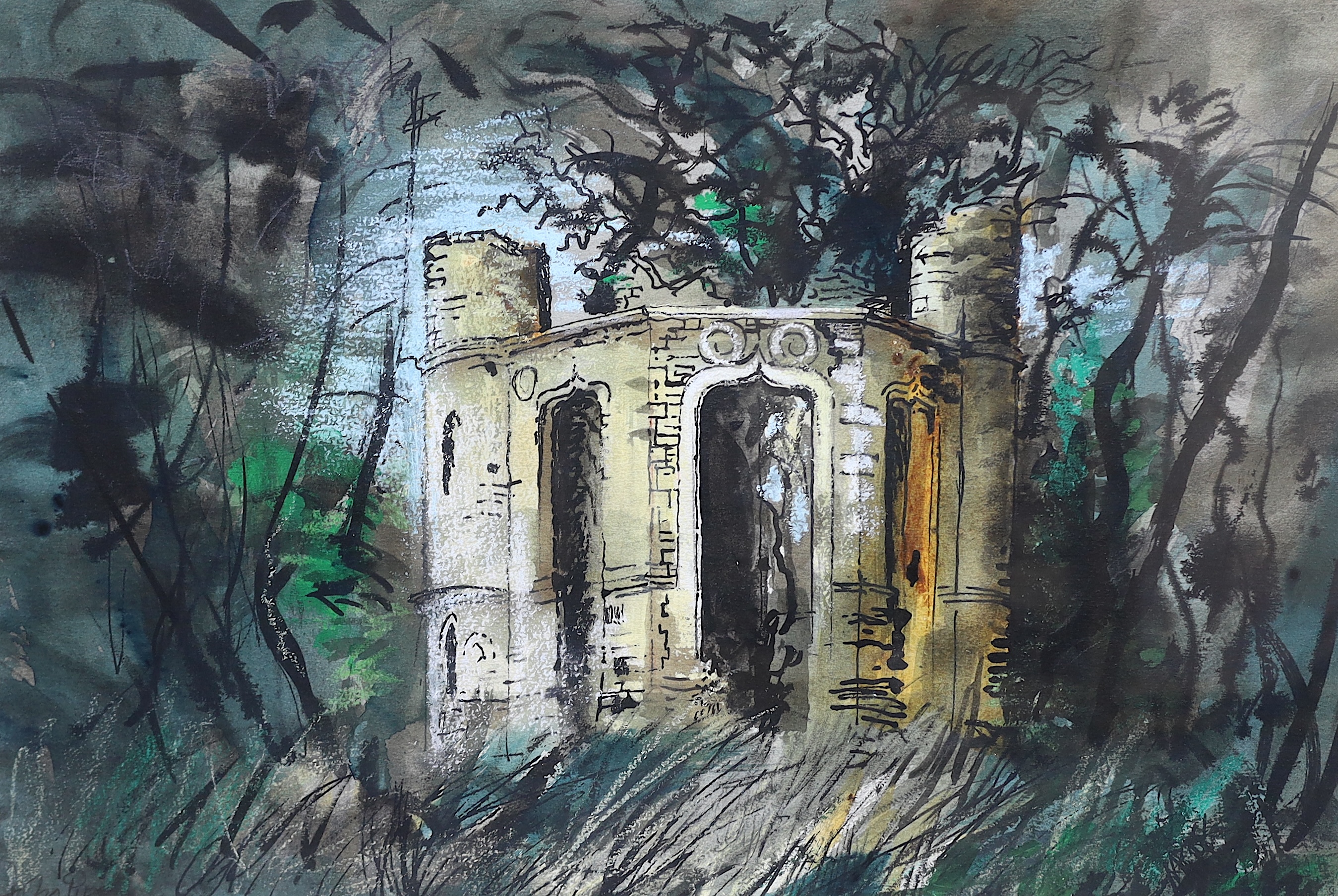 John Piper (British, 1903-1992), 'Dinton Folly', ink, pastel and watercolour, 37 x 55cm